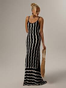 SHEIN Forever 21 Spring Vacation Minimalist Geometric Retro Wavy Pattern Women's Sleeveless Dress - Black - View 8