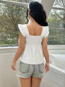 SHEIN Unity Solid Color Textured Shirt With Chest Ruching & Sweetheart Neckline Peplum Top - White - View 2