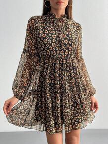 EURMUSE 女士花卉印花结领灯笼袖连衣裙，适合秋季户外 - 彩色 - 查看 3