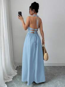 Elenzga Summer Vacation Style Lace-Up Solid Deep V-Neck Hollow Out Dress - Baby Blue - View 2