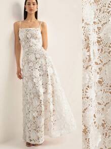 Aveloria Rosie Elevated Casual Elegant Romantic Heavily-Embellished Hollow-Out 3D Floral Waist-Cinched Maxi Slip Dress   Old Money Style For Summer Spring Fall Autumn - White - View 6