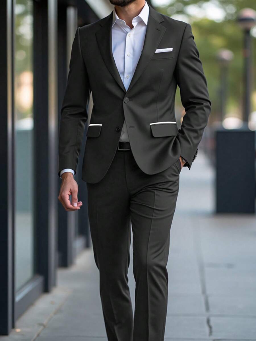 Manfinity Mode Men's Lapel Neck Long Sleeve Blazer & Pants Two Pieces Suit, Contrast Color Button Decoration - Black - View 1