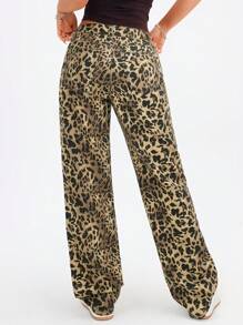SHEIN EZwear Leopard Print Pocketed Casual Straight-Leg Jeans