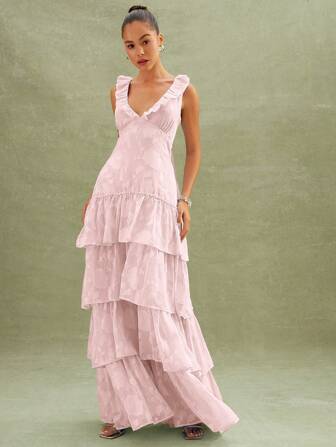 L'Amorae 花卉纹理层叠荷叶边长裙