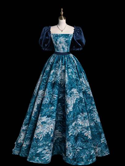 Sweetra Party Retro Print Puff Sleeve Dress