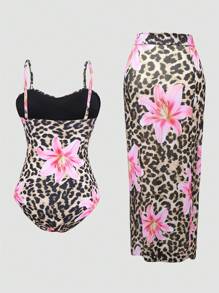 Swim Oasis Plus Size One-Piece Twist Waist Ruched Swimsuit + High-End Wrap Cover-Up Skirt For Summer Beach Vacation - Multicolor - View 3