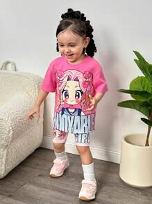 Baby Girl Cute Cartoon Pattern Knit Loose Short Sleeve T-Shirt And Elastic Waist Shorts Set For Summer - Multicolor - View 4