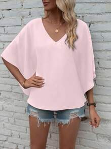 EMERY ROSE Simple Solid Color Batwing Sleeve Casual Vacation Shirt - Baby Pink - View 4