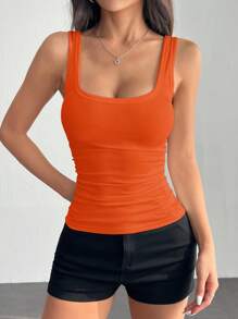 SHEIN PETITE Casual All-Match White Cami Top With Deep U-Neck And Racerback - Orange - View 4