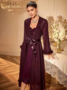 Slumberist 2pcs/Set Fish Bone Design Waist Lace Slip Dress + Floral Hem Wide Sleeve Sheer Robe - Maroon - View 4