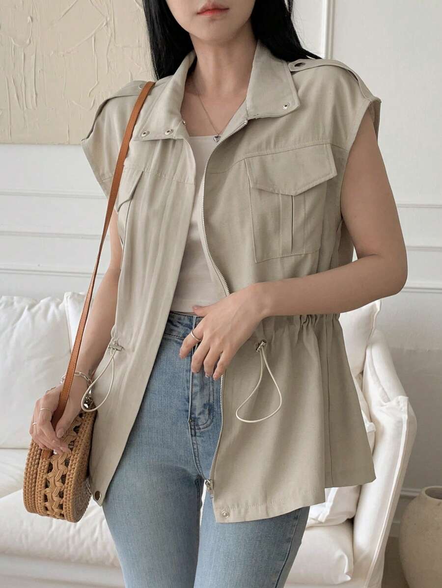 DAZY Women's Cargo Style Vest Jacket, Vintage Collar Big Pockets Drawstring Loose Sleeveless Casual Linen Fall/Winter - Mint Green - View 1