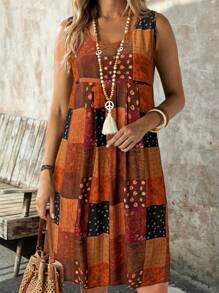 EMERY ROSE Vestido de mujer sin mangas de tejido con estampado de cuadros y paisley, ideal para vacaciones