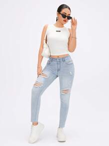 SHEIN PETITE Women's Pocket Distressed Ripped Skinny Casual Versatile Jeans - Light Wash - View 5