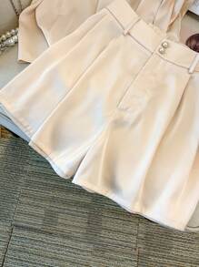 GlowEve CURVE 2pcs Women Elegant Simple Casual Satin Round Neck Ruffle Sleeve Top + Shorts Suits - Apricot - View 5