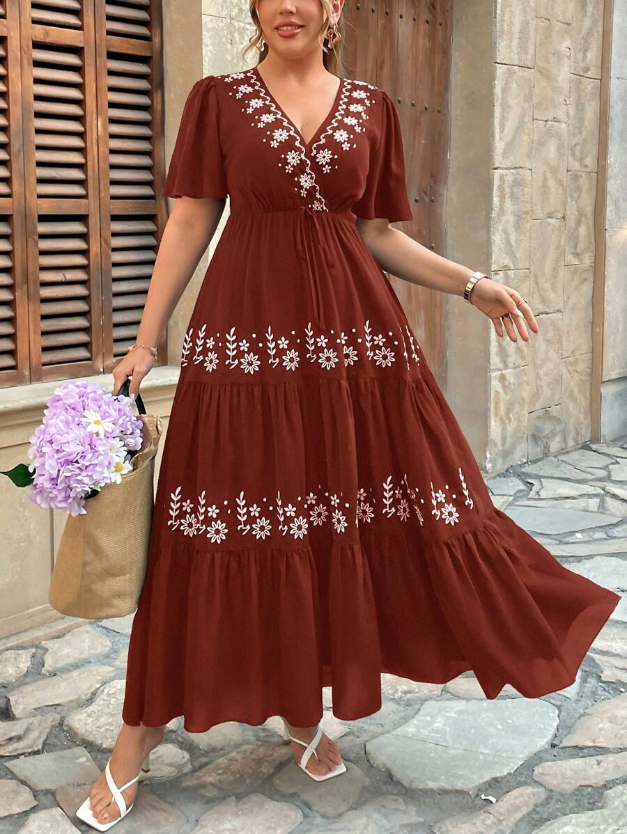SHEIN Holidaya Plus Size Cross V-Neck Floral Embroidery Ruffle Hem Short Sleeve Dress, Spring/Summer - Coffee Brown - View 1