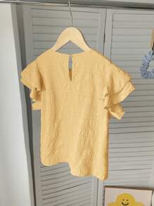 SHEIN Leap Crew Tween Girls Textured Woven Round Neck Gathered Cap Sleeve Fitted Casual Short Sleeve Top, Resort Style, French Elegant, Suitable For Spring Outing And Vacation - Yellow - View 2