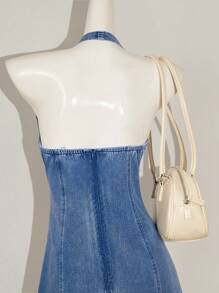 SHEIN MOD Women Casual Halter Neck Mini Bodycon Denim Dress, Blue