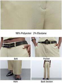 Maija Women's Light Green Summer Pants, Solid Color With Elastic Waist, Pockets, Double Belts, Straight And Loose Casual Fashion Everyday Wear, Suitable For Urban Commuting, Office And Formal Occasions - Green - View 2