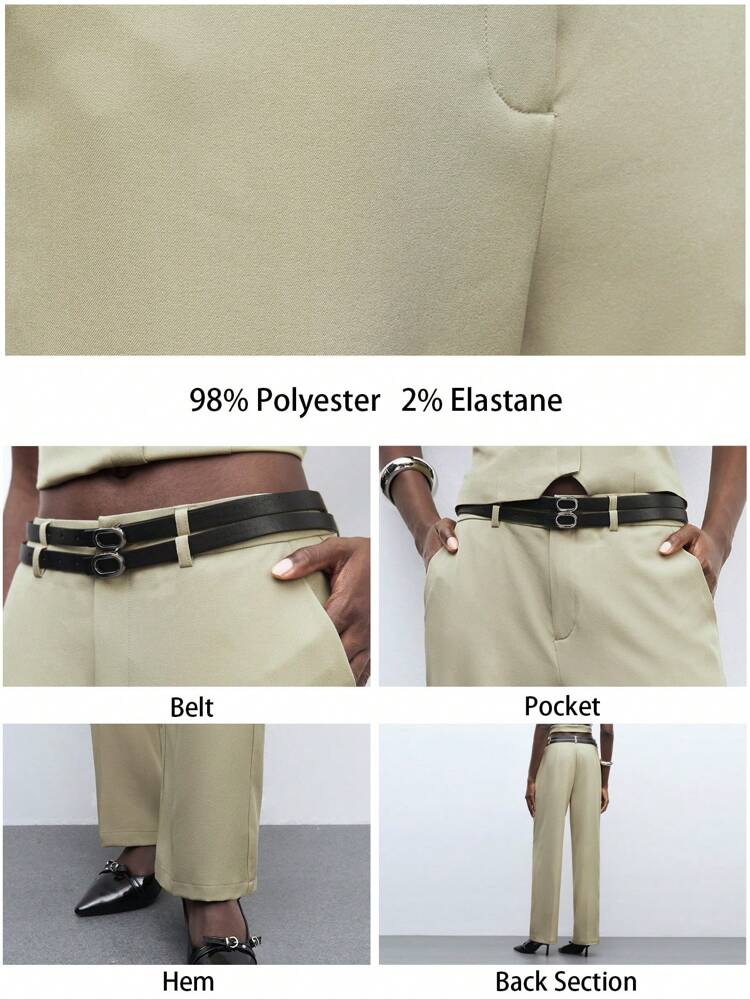 SHEIN Maija Women's Light Green Summer Pants, Solid Color With Elastic Waist, Pockets, Double Belts, Straight And Loose Casual Fashion Everyday Wear, Suitable For Urban Commuting, Office And Formal Occasions