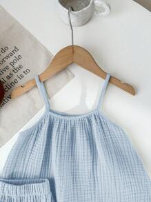 SHEIN LMoss Kids 2pcs Young Girl Summer Casual Loose Spaghetti Strap Top And Ruffled Hem Shorts Set - Blue - View 4