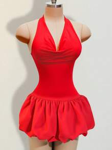 BamGleam Women's Solid Color Draped Neck Ruffle Hem Sexy Halter Short Dress