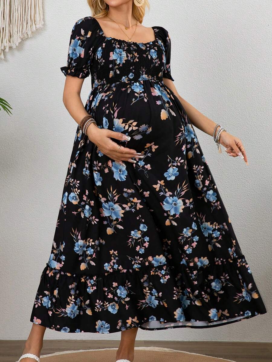 SHEIN 孕妇花卉印花泡泡袖褶皱优雅连衣裙，适合度假