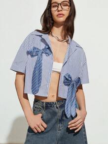 GENKIRA Blue & White Striped Loose Cropped Shirt With Blue Striped Satin Faced Oversized Bow Decoration, Versatile Casual Women Top - Blue and White - View 5
