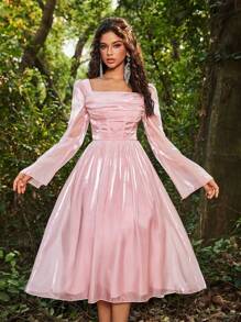 SHEIN Belle 优雅奢华的灰绿色长袖深垂领鱼尾褶皱腰 A 字裙，适合婚礼、派对、度假、伴娘（成人） - 淺粉色 - 查看 1