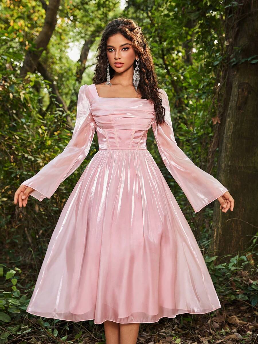 SHEIN Belle 优雅奢华的灰绿色长袖深垂领鱼尾褶皱腰 A 字裙，适合婚礼、派对、度假、伴娘（成人） - 淺粉色 - 查看 1