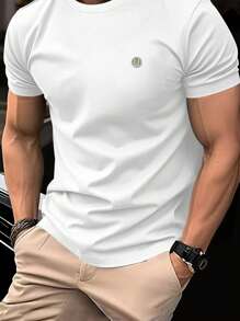 Manfinity Homme Camiseta casual de ajuste ceñido de manga corta con cuello redondo y estampado de letras para hombres