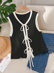 CosyJoli Plus Size Casual Vacation Front Tie Contrast Trim Knit Top - Black - View 5