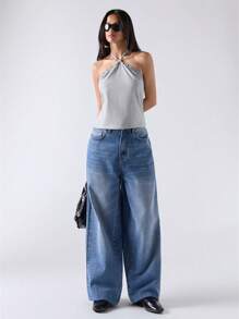 SHEIN EZwear 2025年新款大码夏季女式细肩带吊带背心，带肩带，铆钉细节，大胆少女风格 - 灰色 - 查看 5