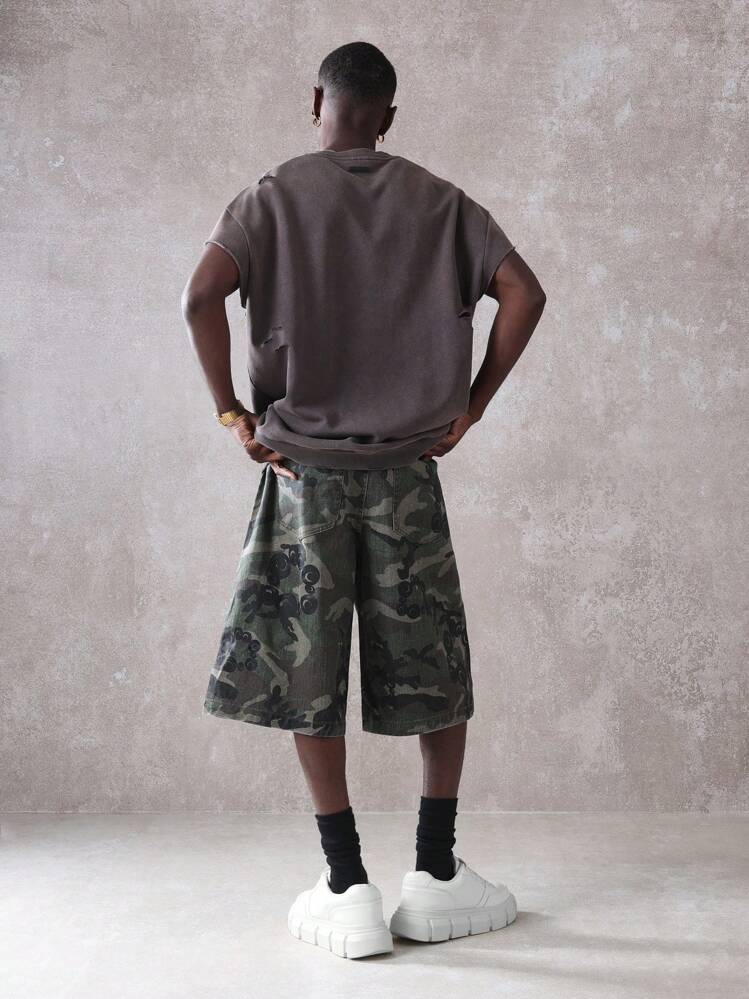 SUMWON Military-Inspired Cargo Denim Shorts Wide Leg Combat Style Printed Camouflage Pattern Relaxed Fit Knee Length Summer Streetwear Casual Shorts Outdoor Adventure Urban Fashion - Multicolor - View 5