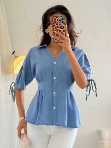 SHEIN Clasi 女式夏季法式短袖荷叶边袖系带腰衬衫 - 藍色 - 查看 3