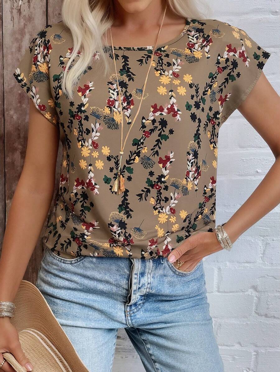 EMERY ROSE Women Floral Print Batwing Sleeve Blouse, Summer - Brown - View 1