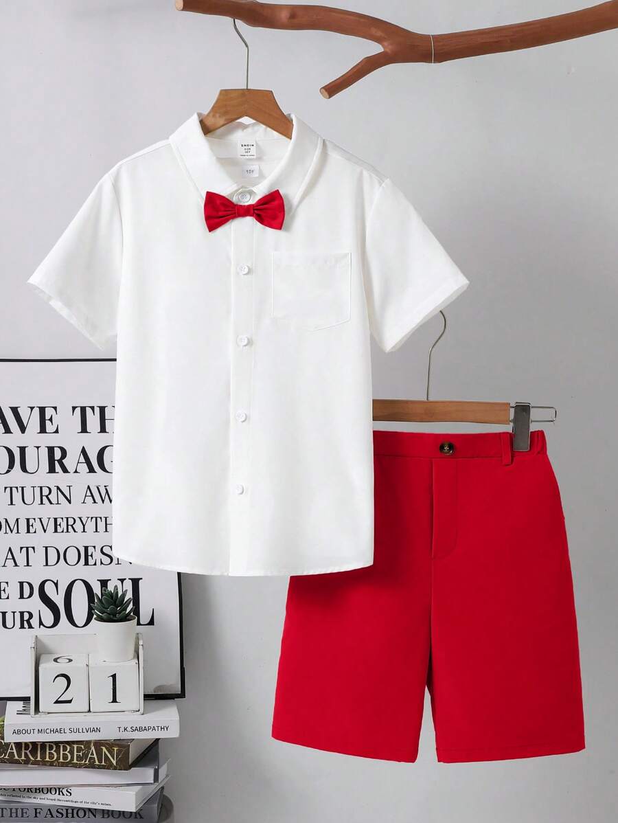 2 件套青少年男孩休闲学院风宽松 Polo 领短袖衬衫和纯色短裤西装，绅士装 - 紅色 - 查看 1