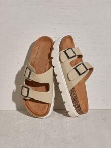 SHUZIA Giày sandal đế xuồng đế xuồng màu nâu xám có khóa đôi dành cho nữ bán chạy nhất - Có đệm, chắc chắn và đa năng - Màu be - Xem 6