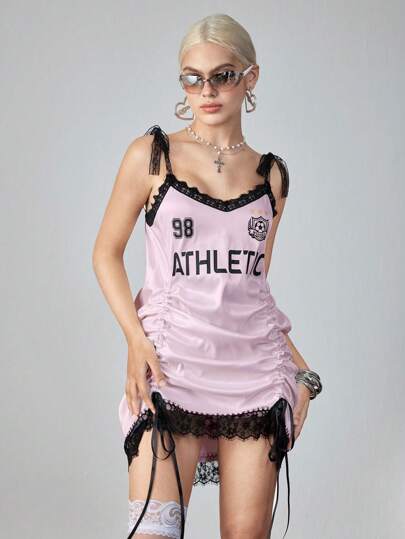 ROMWE Avant Robe femme à manches lanternes, avec cordon de serrage, garnitures en dentelle, style sportif sexy avant Y2K