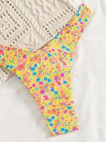 Swim Mod 2pcs/Set Spring Break Random Ditsy Floral Ruffle Bandeau Top And High Cut Briefs Sexy Bikini Set, Summer Beach Holiday - Multicolor - View 4