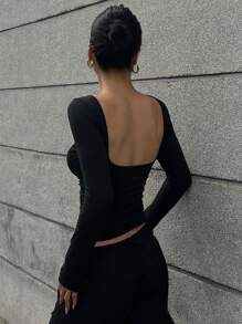 DAZY 女式纯色圆领露背长袖紧身 T 恤 Y2K，返校服装 - 黑色 - 查看 5