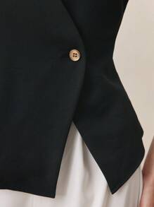 BizChic 女式黑色金属纽扣 V 领短袖衬衫，都市通勤办公室商务休闲优雅正式衬衫上衣