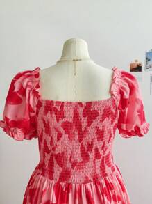 Dreamara 大码女式夏季泡泡袖蝴蝶印花腰部喇叭形A字侧开叉长裙 - 彩色 - 查看 8