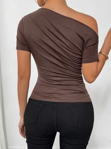 Calvaya Dames zomer slim fit effen kleur asymmetrische kraag geplooid T-shirt met korte mouwen
