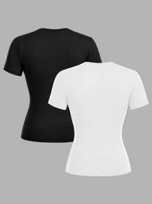 SHEIN EZwear 2 Pcs Casual Minimalist Basic Crew Neck Short Sleeve T-Shirts, Suitable For Spring/Summer Layering