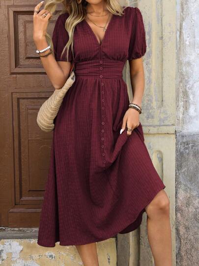 SHEIN Clasi Women's Cinched Waist Puff Sleeve Textured Long Dress