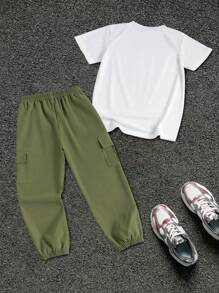 SHEIN 小男孩字母和卡通印花短袖T恤和纯色工装裤套装 - 白色 - 查看 8