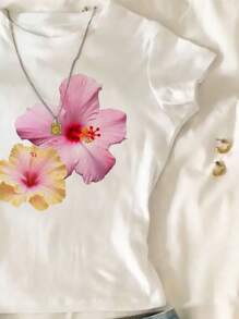 Tween Girls' Floral Print Crew Neck Short Sleeve White T-Shirt - White - View 3