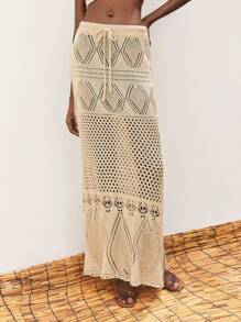 Maija Women's Summer Vacation Hollow Out Knitted Drawstring Waist Sweater Skirt - Khaki - View 5