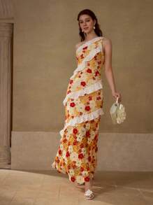 MOTF PREMIUM GUIPURE LACE RUFFLE ASYMMETRICAL NECK DRESS - Yellow - View 3
