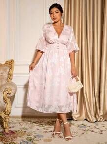 Cravure Plus Size Women Cutout Embroidery Double Pearls Button Dress, Holiday/Vacation Style, Prom - Pink - View 6